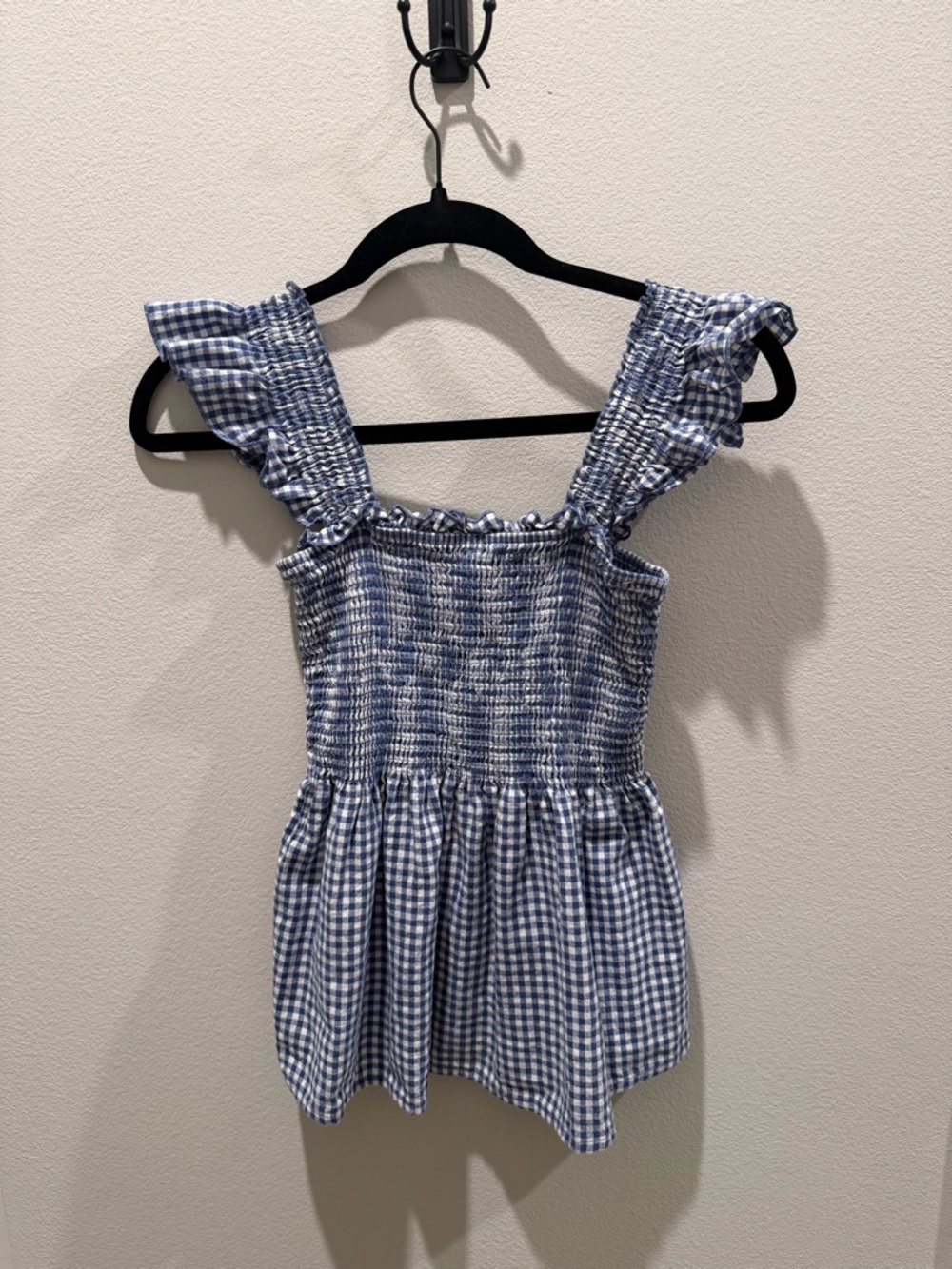 Smocked Gingham Ruffle Strap Women's Top in Blue